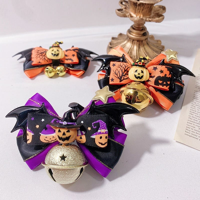 Handmade Halloween Pet Dog Cat Collar Bowtie with bells in orange or purple