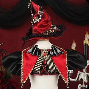 Pet Dog Cat Halloween Costume Hat and Cape in Black and Red |luxury Halloween dog collar neckwear
