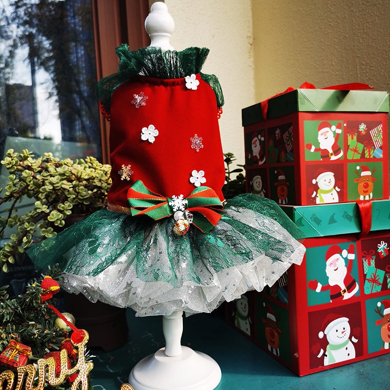 Tiered Lace Christmas Tutu Dog Dress decorated with snowflakes, christmas bowknot and bells | Christmas dress for small girl dog