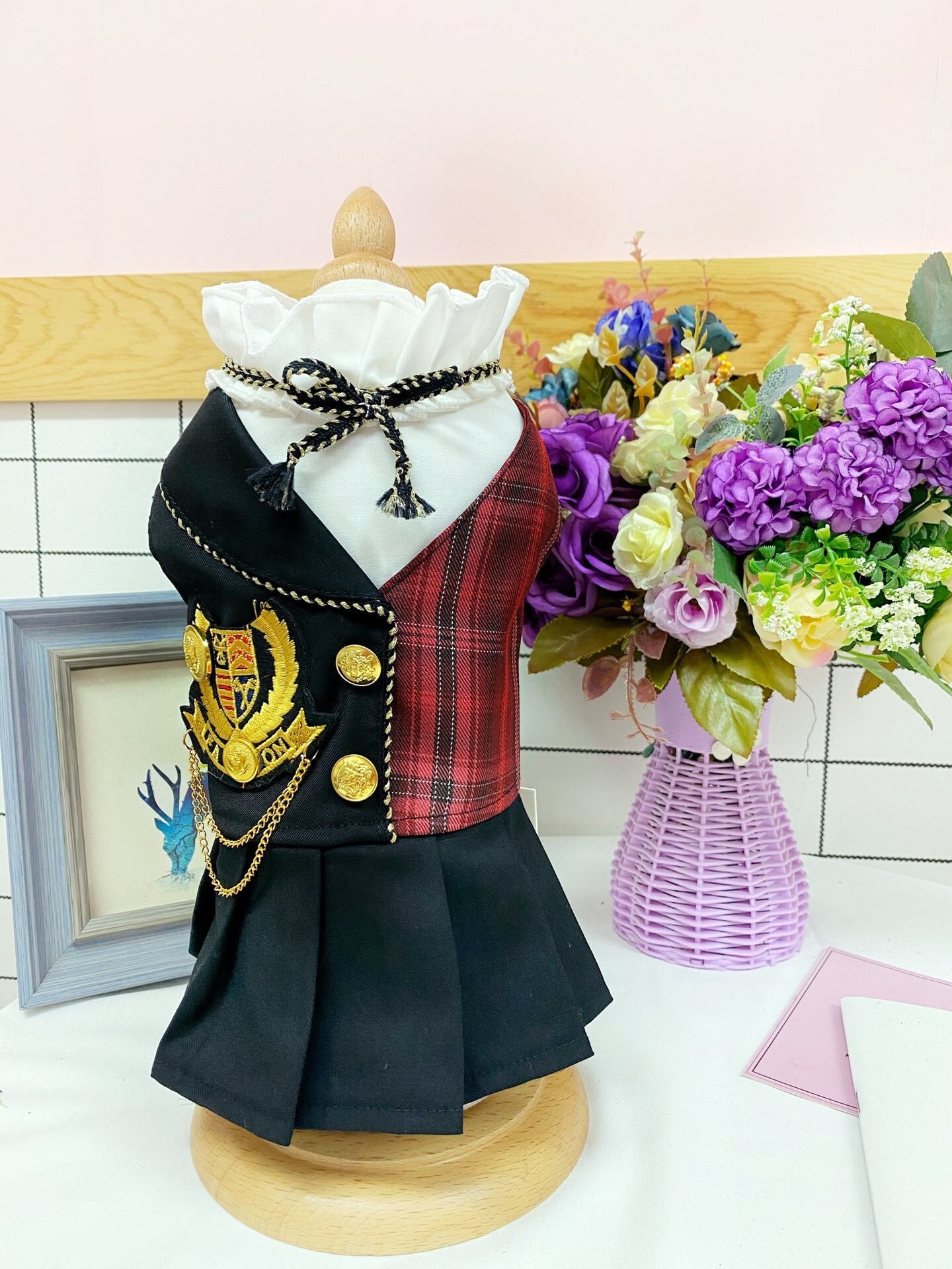 Handmade Harry Porter Cat Dog School Uniform Black Velvet blazer jacket and plaid check dress and tie | Customized pet clothes