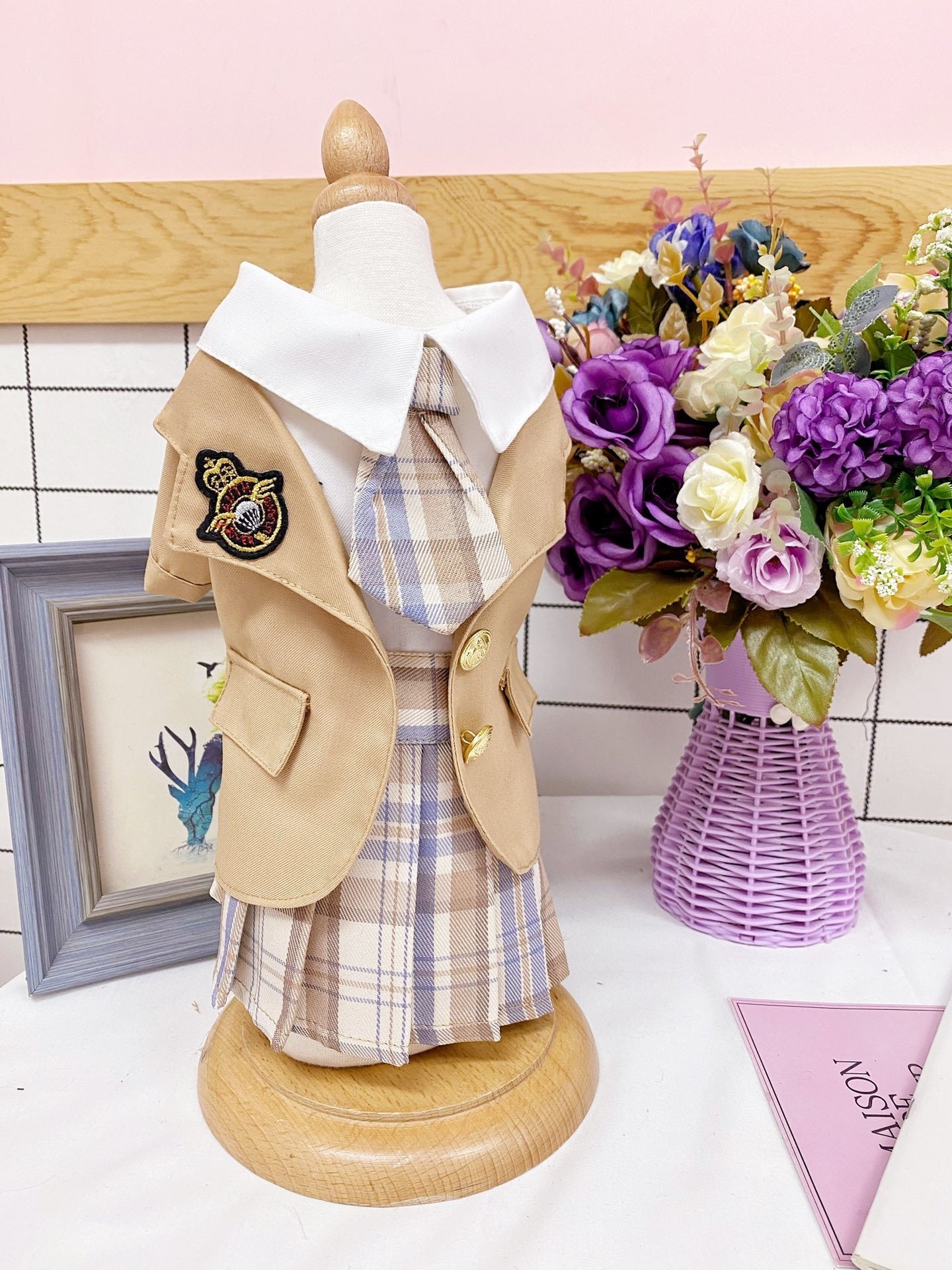 Handmade Cat Dog School Uniform Cream color blazer jacket and plaid check dress and tie | Customized pet clothes