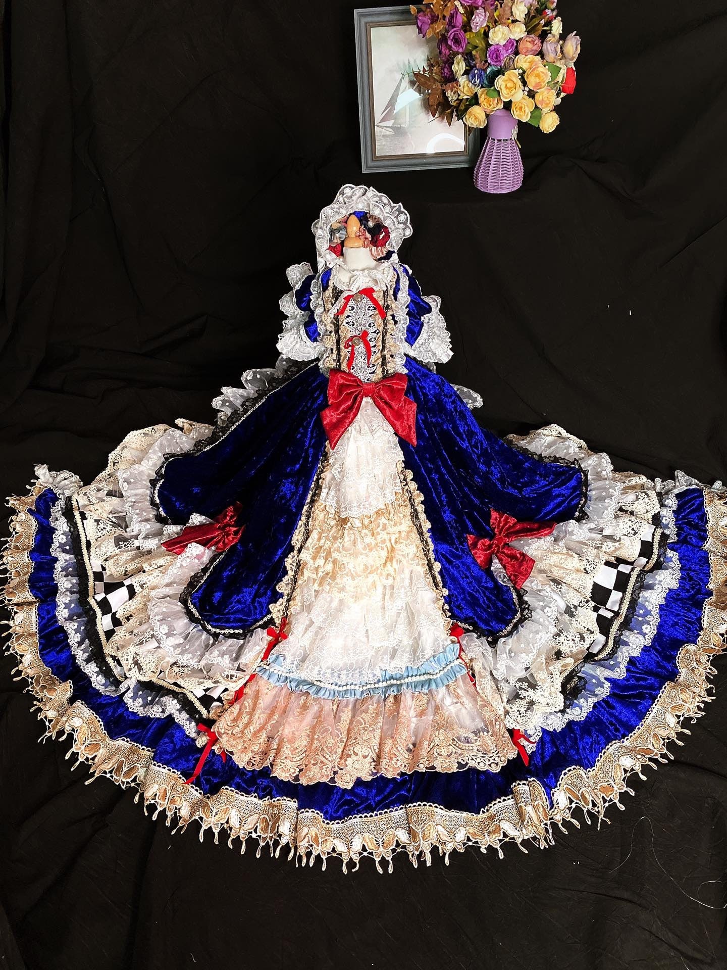 Ultimate Luxury Pet Dog Ball Gown with bow-embellished crepe-trimmed velvet | Nobel Blue and red dog formal dress hair piece included