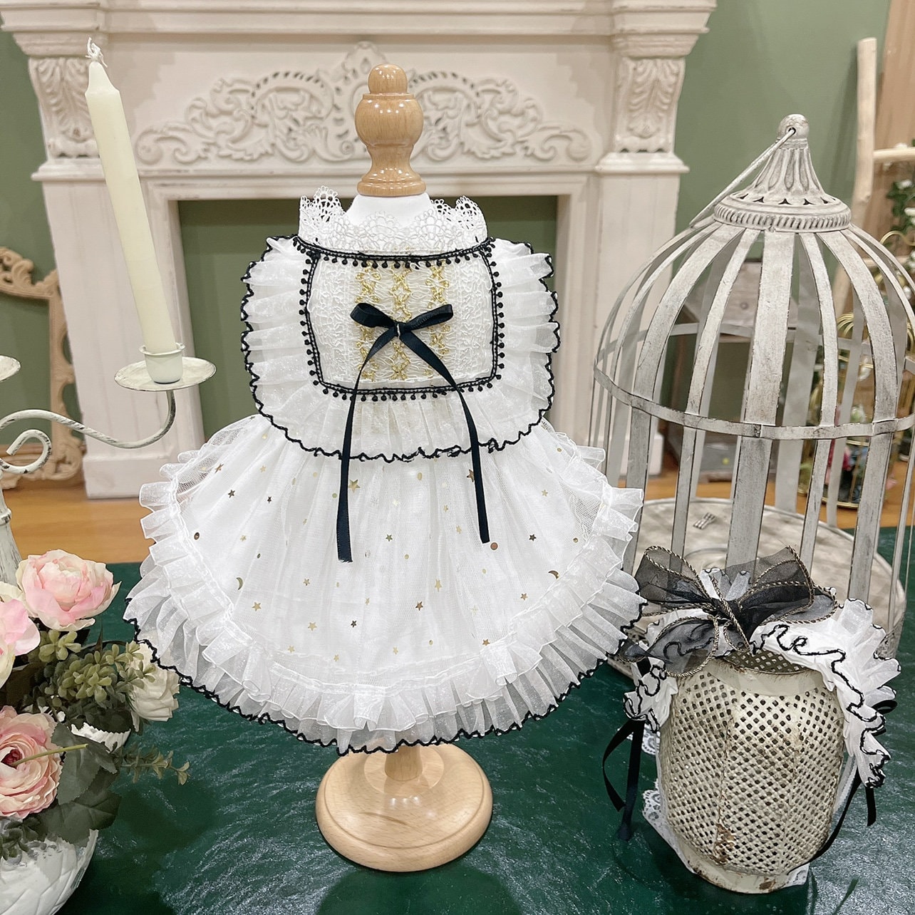Black lace trimmed white Wedding dress flower girl Princess dress and hairband |  Personalized Pet Cat Dog Wedding Dress