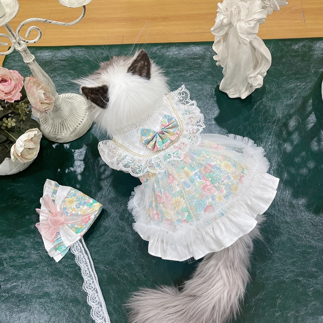 Mixed color wild flowers country Style Cotton Pet Cat Dog Dress with Headband Bonnet | Princess dress small girl dog cat
