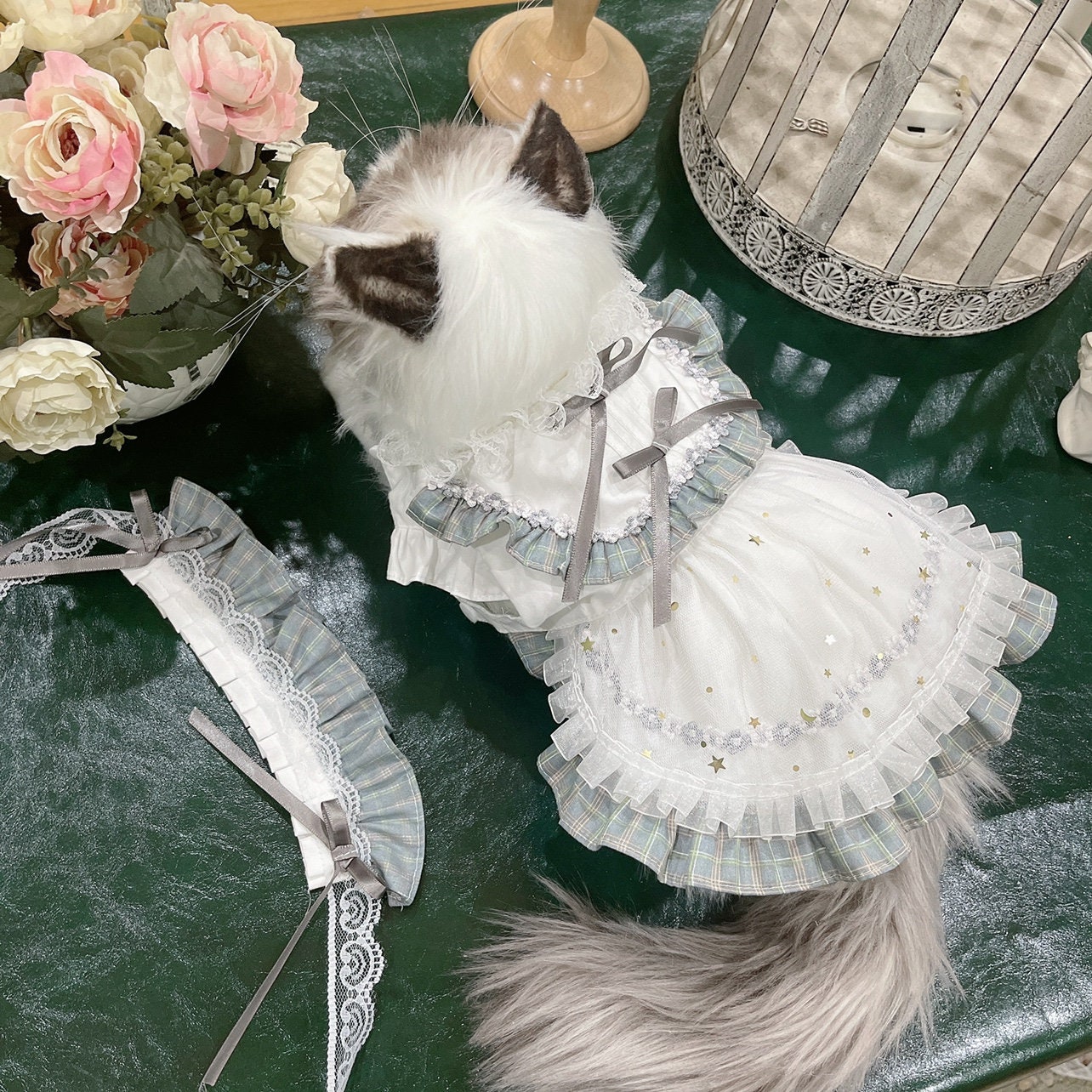 Gray Plaid Check Pattern Cat Dog Maid Lolita Dress with matching headband