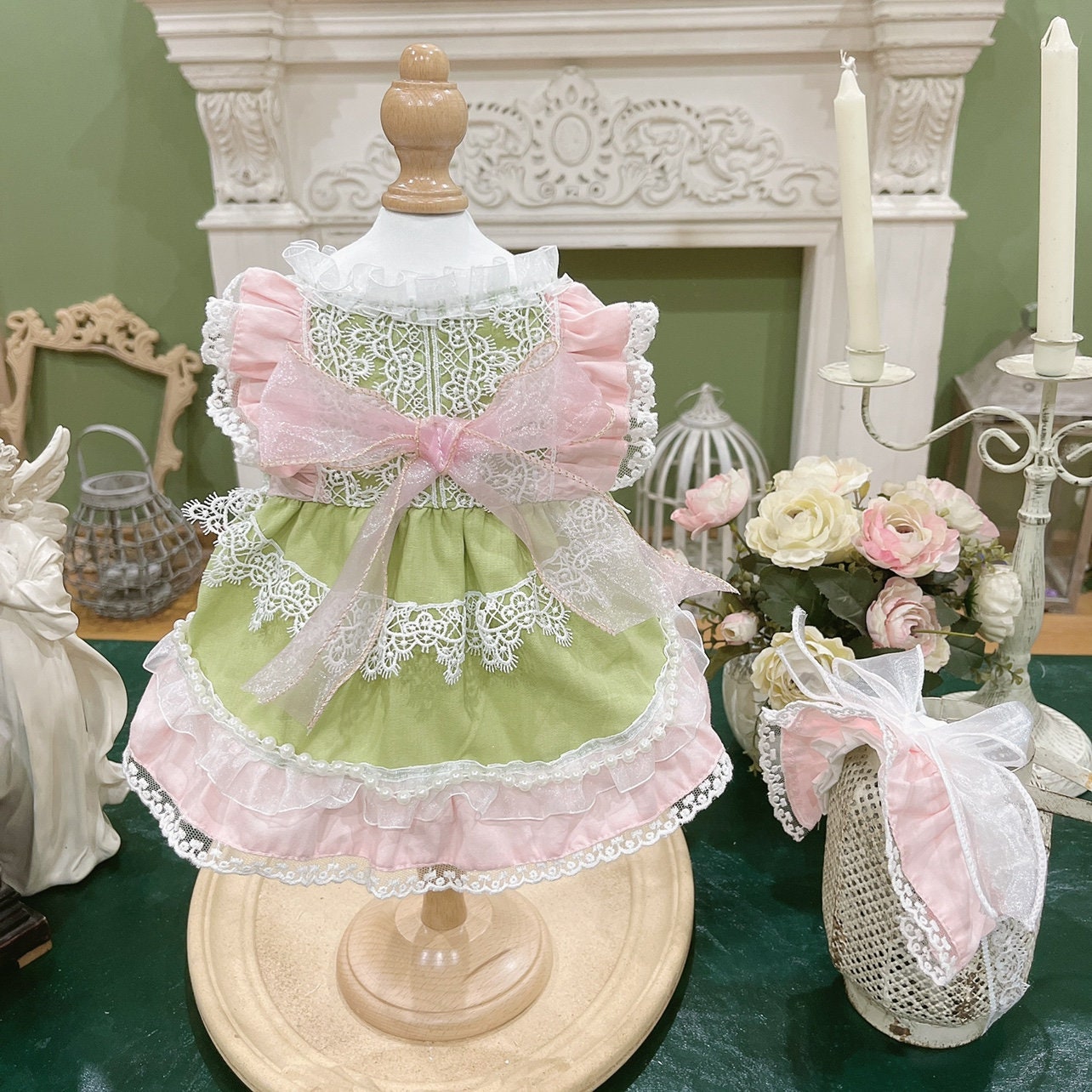 Pink and Green Rosebud Easter Pet Dog Cat Retro Cotton Dress | Princess bridesmaid dress for small breed Yorkshire terrier pomeranian poodle