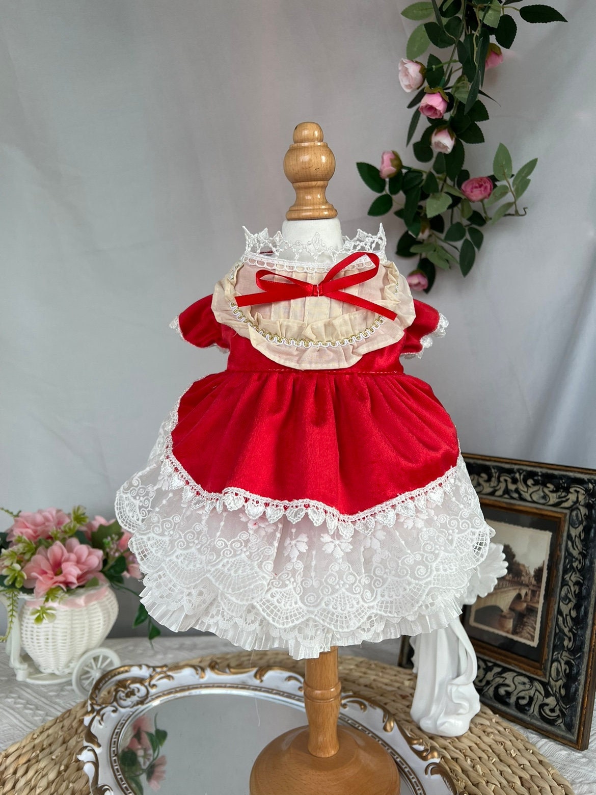 Red Velvet White Lace Cream Neckline Retro Christmas New Year Cat Dog Red Dress | Personalized handmade pet Princess Dress Costume