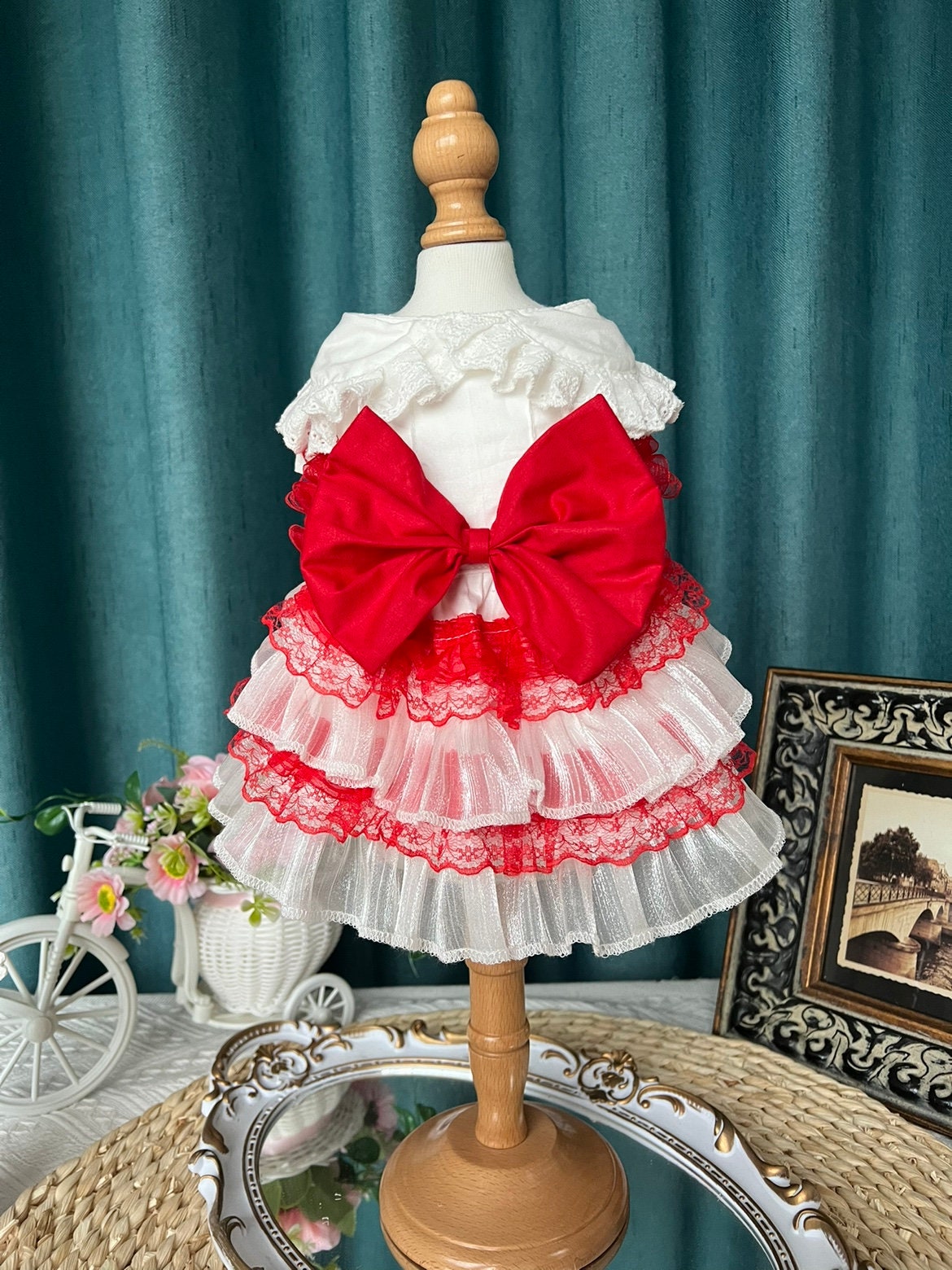 Red Lace White Sheer Dog Cat Christmas New Year Dress with Big Velvet Bow | Personalized handmade pet Princess Dress Costume