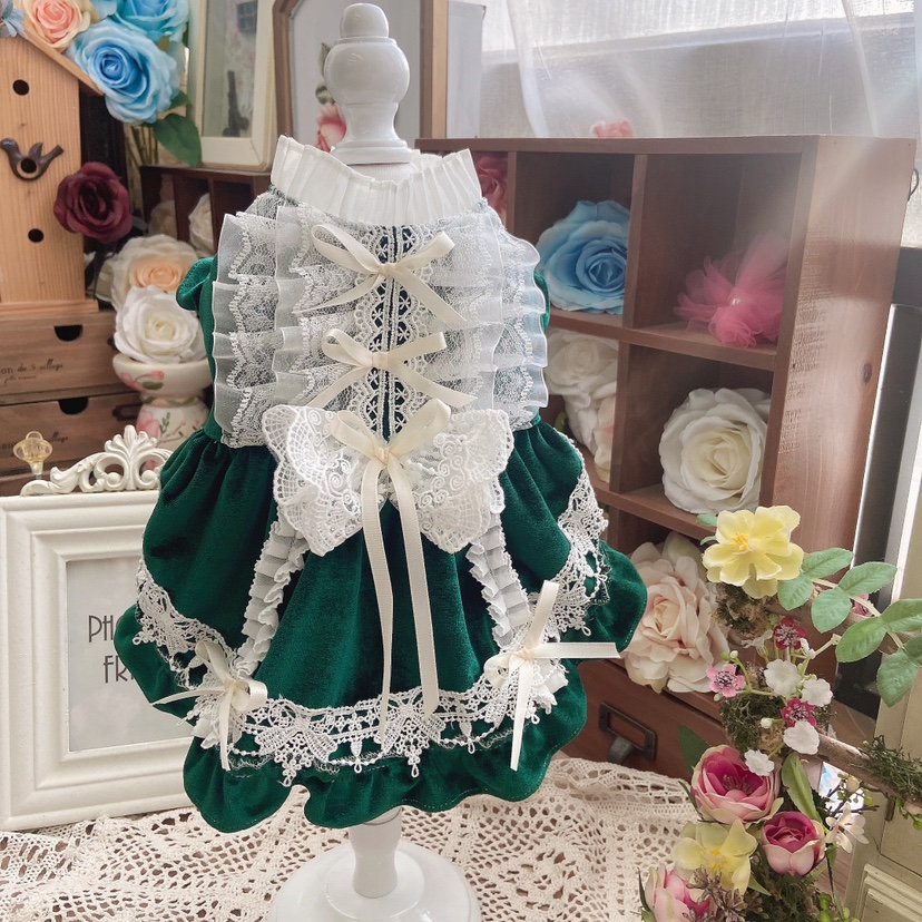 Christmas cat dog cotton lace green velvet retro bloomer dress |  Personalized dog cat clothes princess maid dress