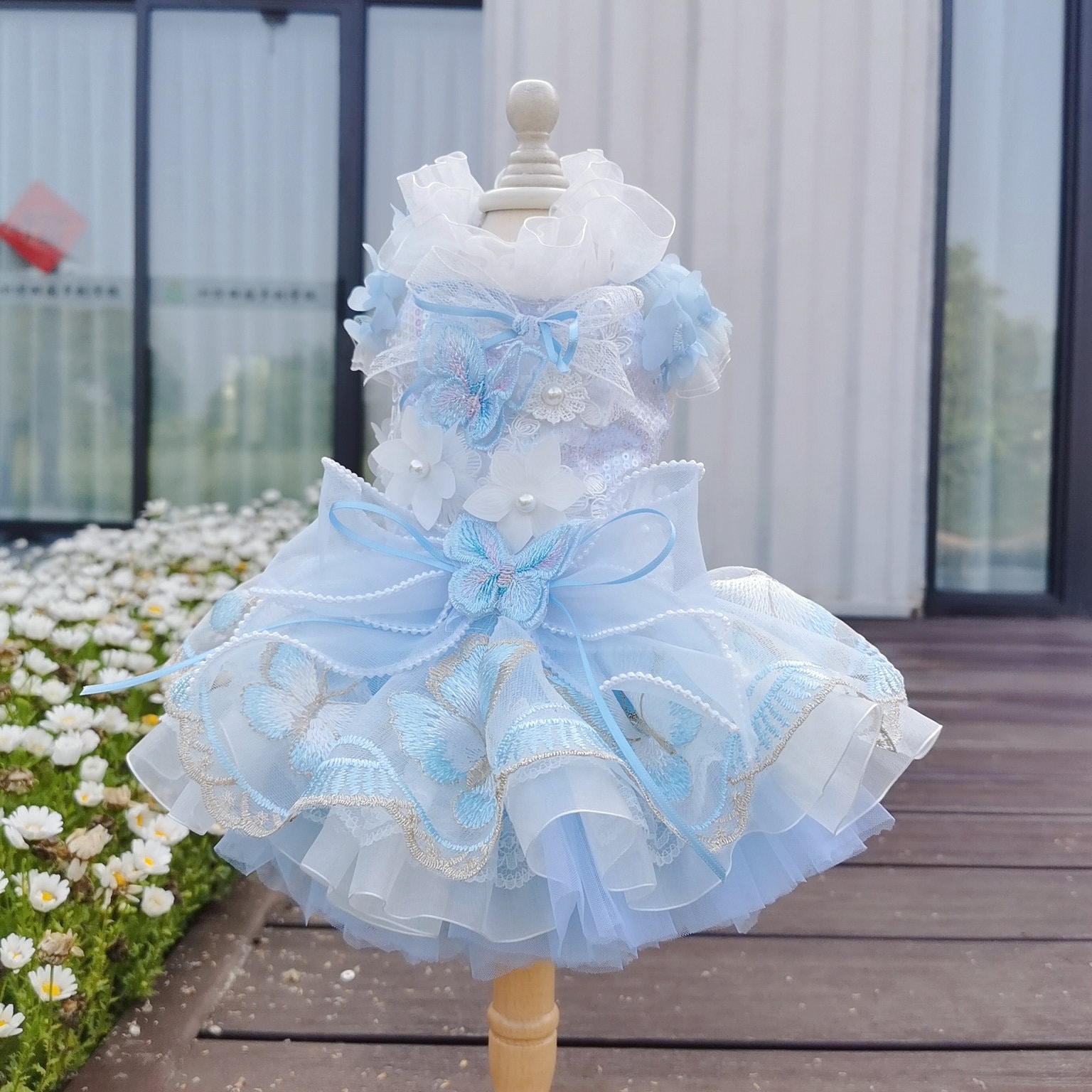 Blue Butterfly Sequin Dog Cat Princess Tulle Dress| Wedding Flower girl bridesmaid luxury clothes Poemeranian poodle chihuahua