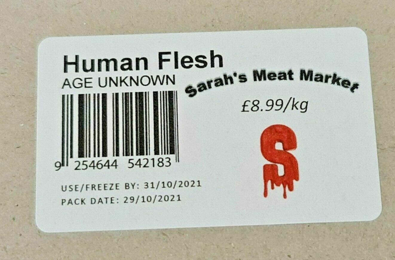42 x Personalised Halloween Human Flesh Meat Packing Labels, Joke, Party Prank