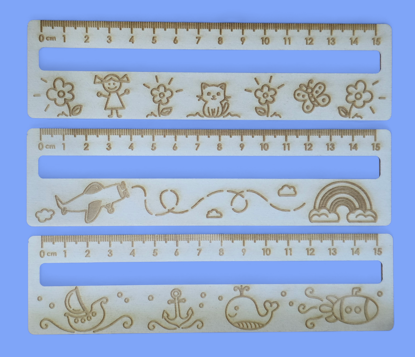 Wooden Ruler Bookmark 15cm Laser Engraved Ply Cute Design Gift for Kids