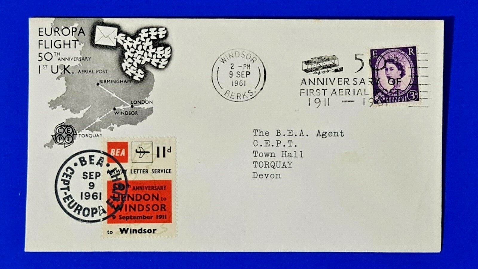GB 1961 Europa Flight 50th Anniversary 1st UK Aerial Post BEA Hendon Windsor XE0
