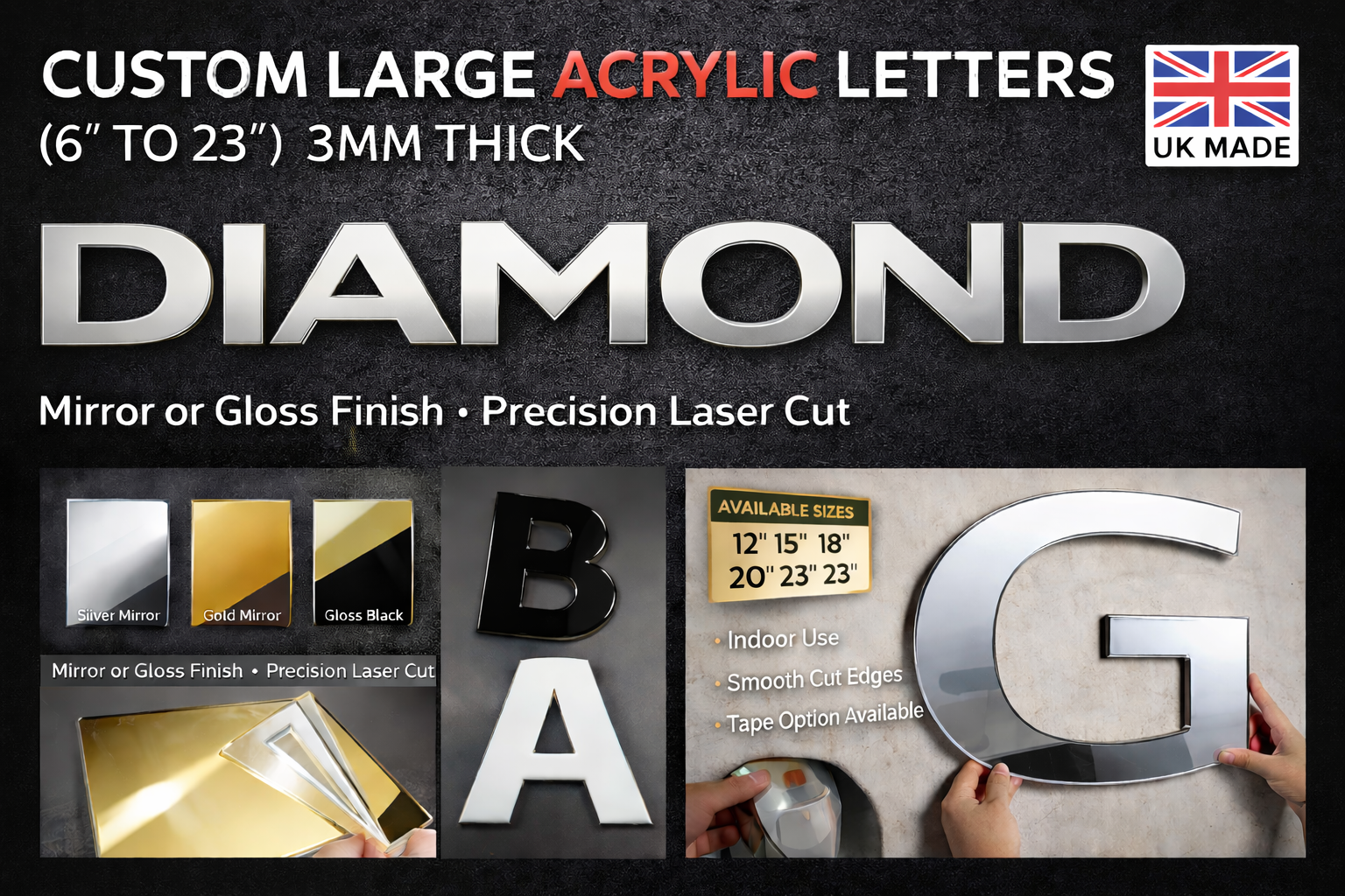 Custom Acrylic Letters 3mm Large Wall Sign Mirror Gold Silver 6”-23”