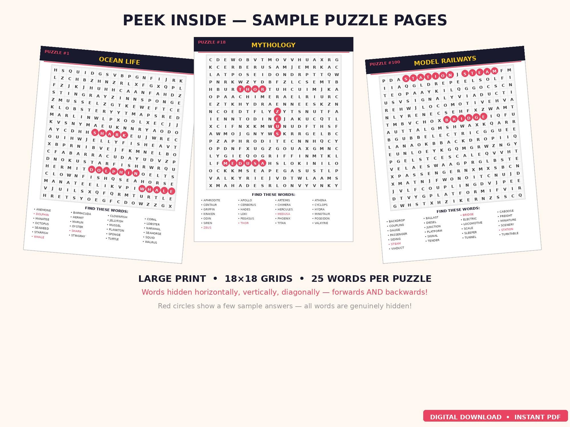 Themed Word Search Puzzles, 100 Printable Puzzles, 2500 Unique Words, Large Print Activity Book for Adults and Seniors, Digital Download PDF