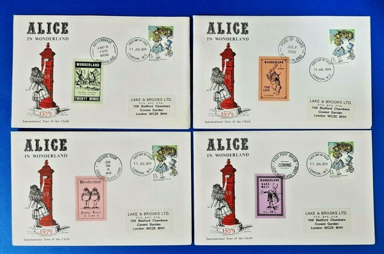 Gb set of 4 first day covers alice in wonderland 1979 international year child