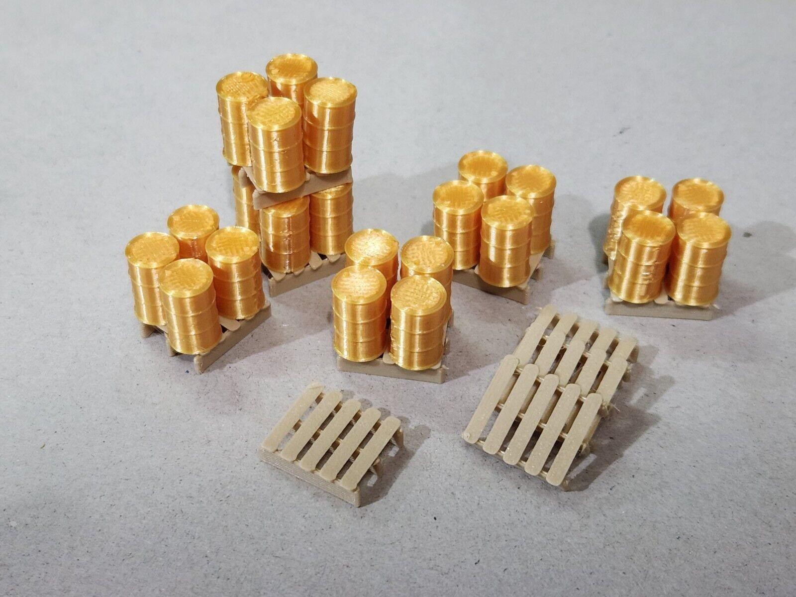 Gold Oil Drum Barrels 24 Pack + 10 wood colour Pallets OO Gauge Model Railway