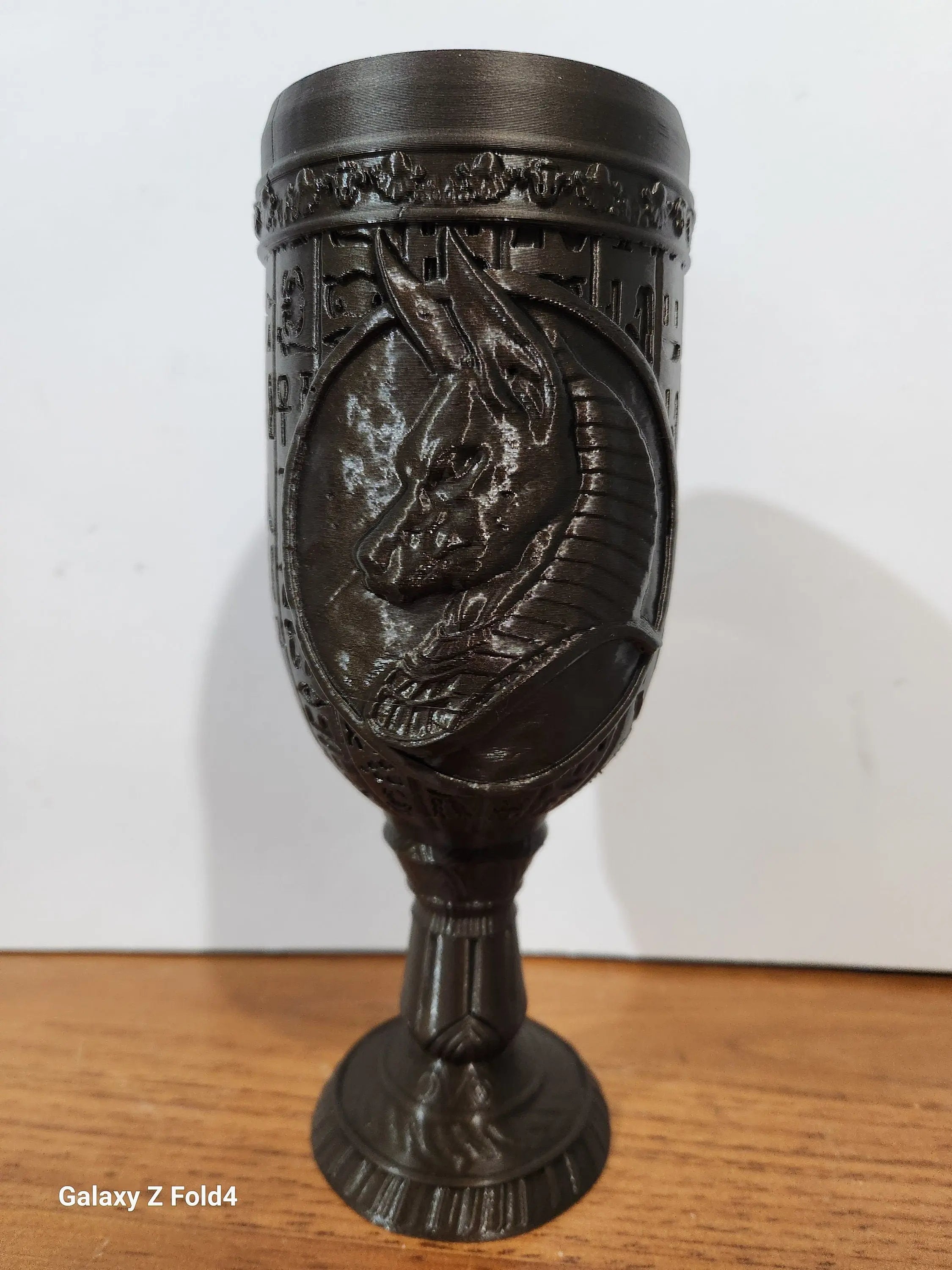 Egypt Egyptology hieroglyphics Pharaoh’s Raided Goblet Chalice in Antique Bronze Colour PLA 3D Printed