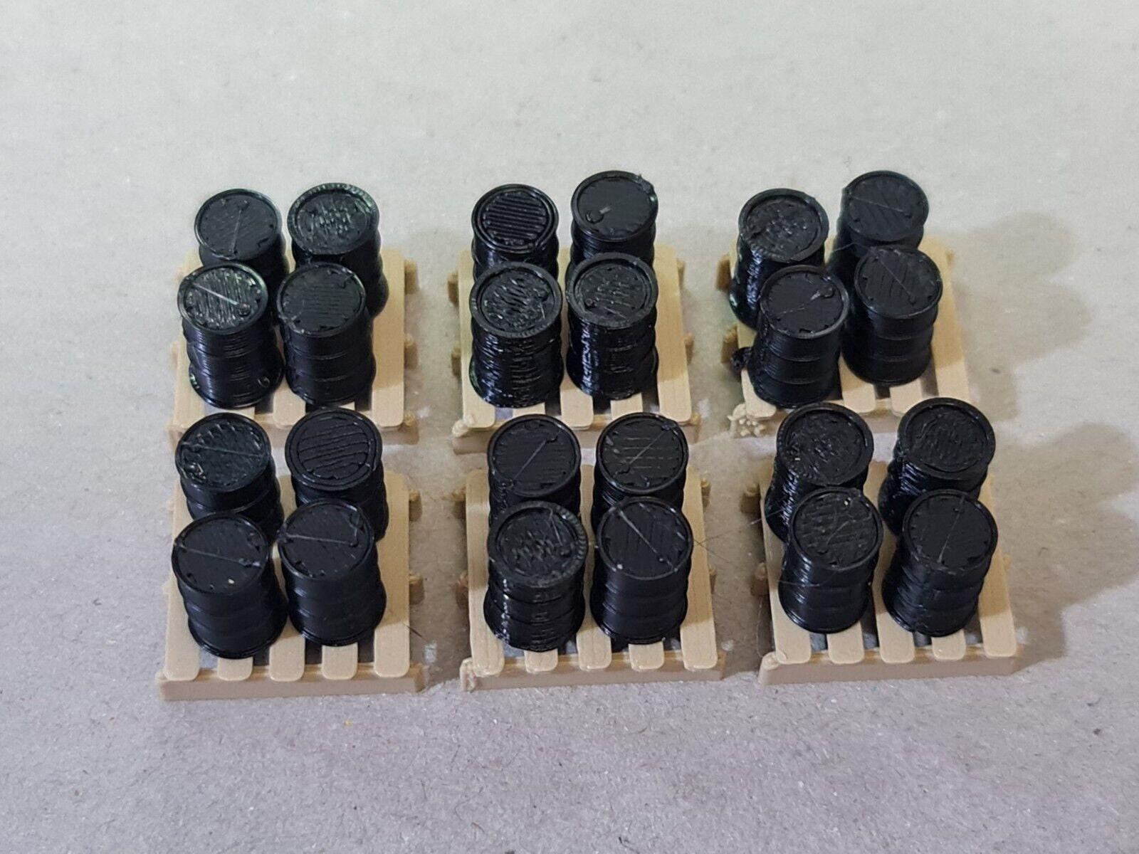 New Black Oil Drum Barrels 24 Pack + 6 Pallets OO Gauge 1:76 Scale Model Railway