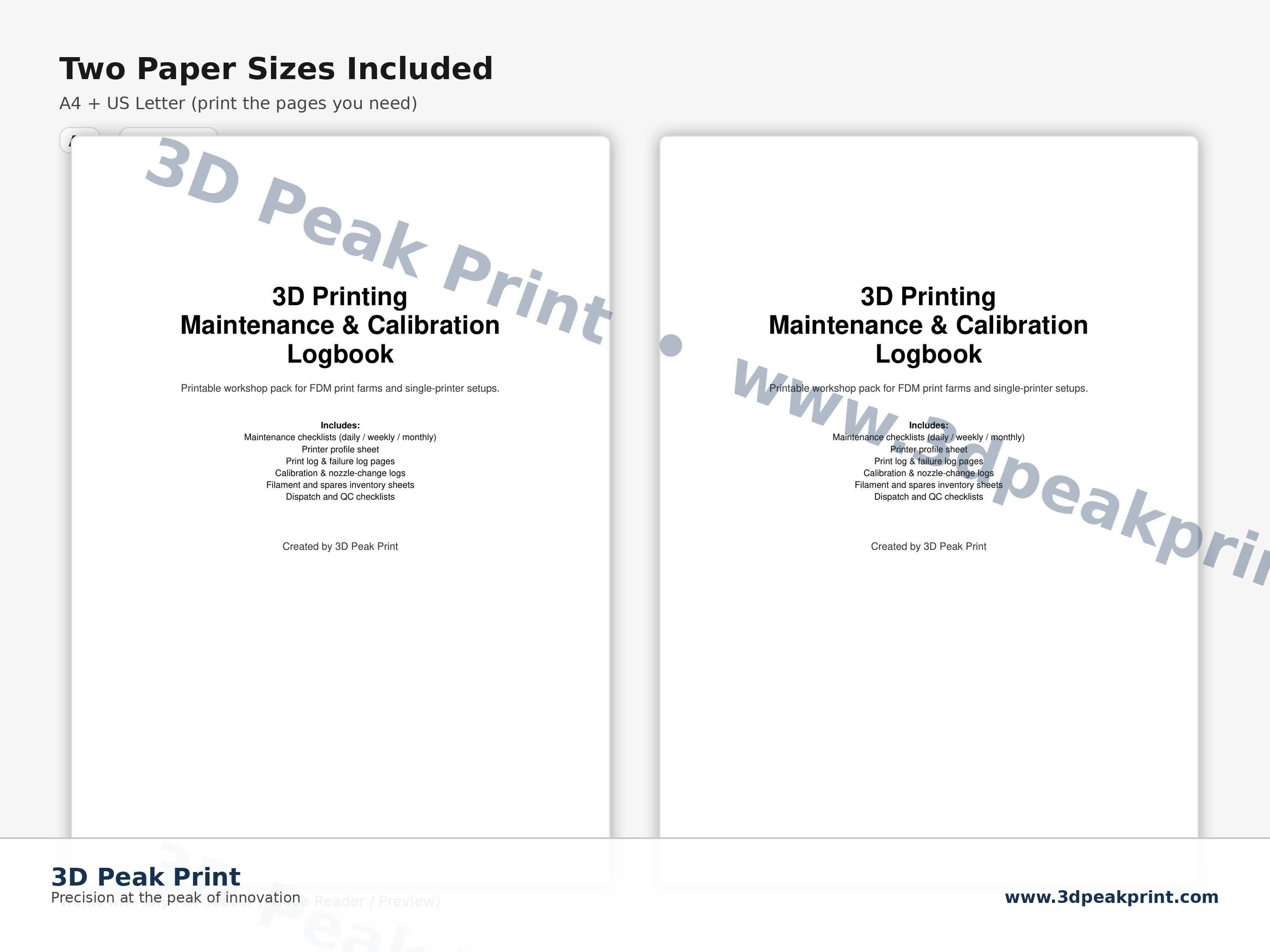 3D Printing Maintenance Logbook Printable (A4/US Letter) | Calibration + Failure Logs | Print Farm QC & Dispatch Checklists