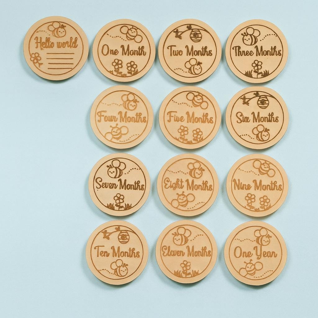 Wooden Baby Milestone Discs Set of 13 – 12cm Newborn to 1 Year Engraved Keepsake