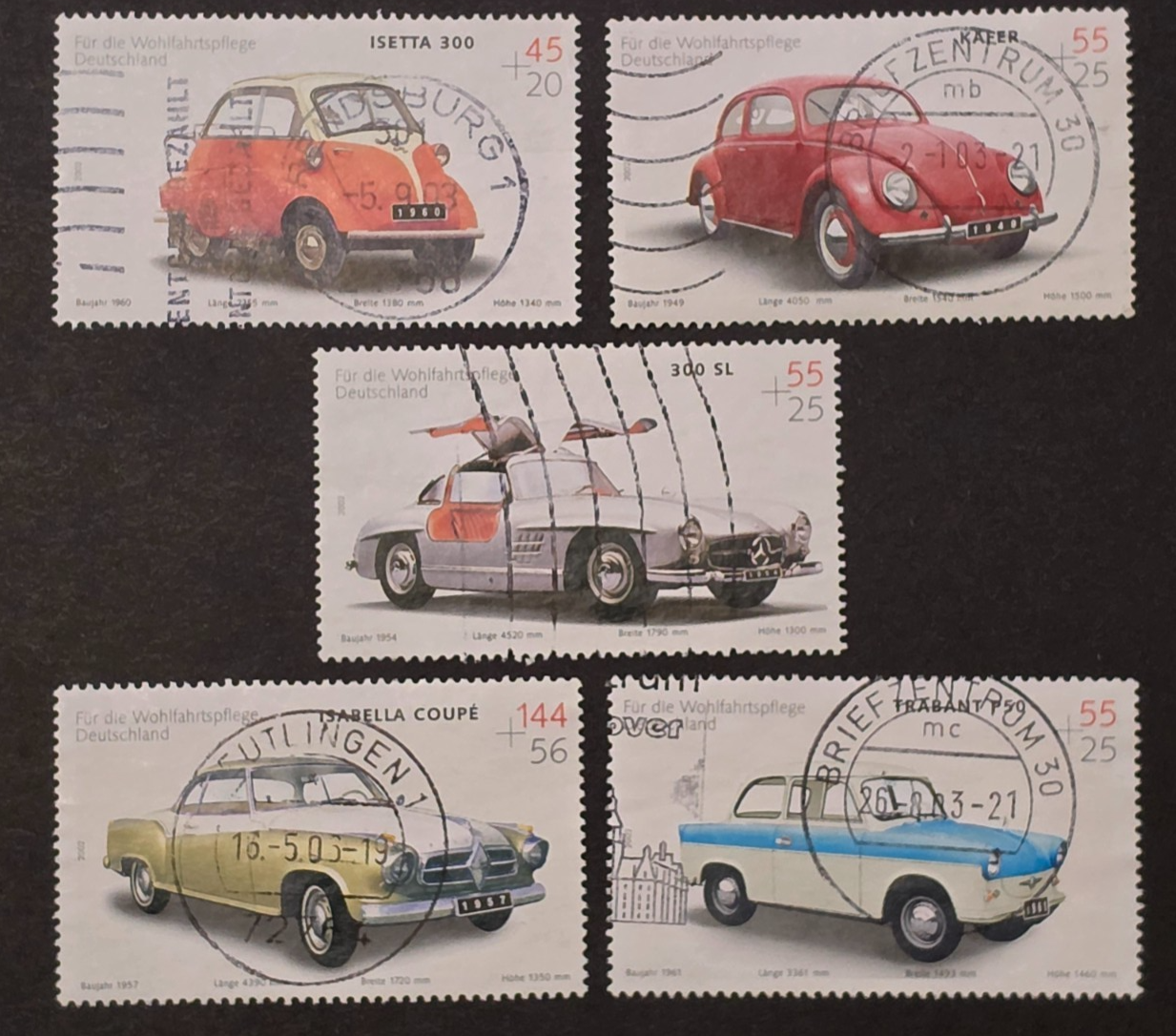 Germany 2002 Classic Cars Set of 5 FU Used SG3144-3148 Isetta Beetle Mercedes SL