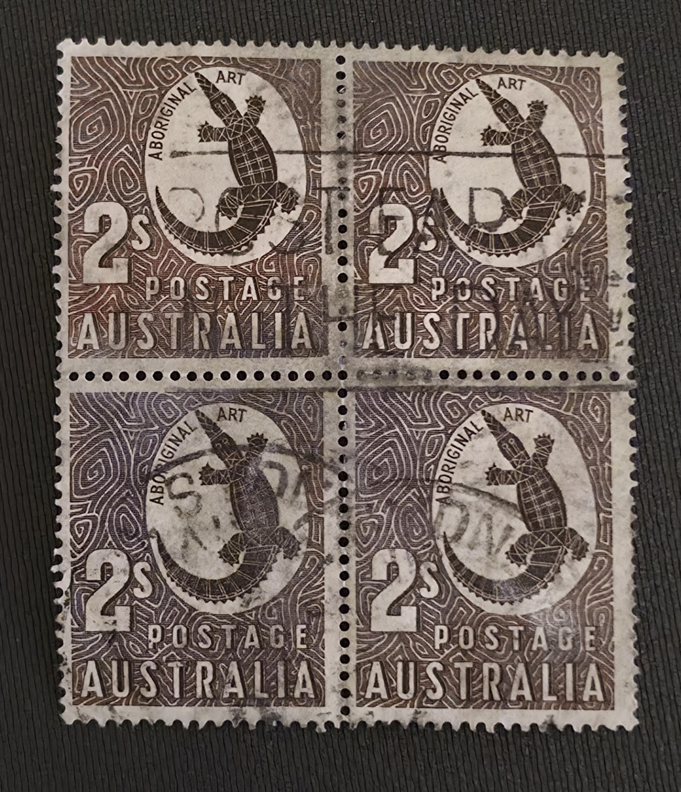 Australia 1950 Stamp 2/- Aboriginal Art SG224 Block of 4 U Sideways Watermark