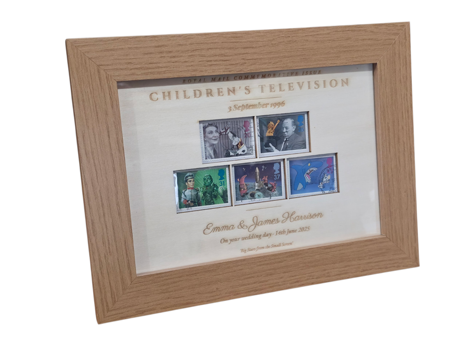Personalised 90s Children's TV Gift 1996 Royal Mail Framed Stamps Engraved Wood