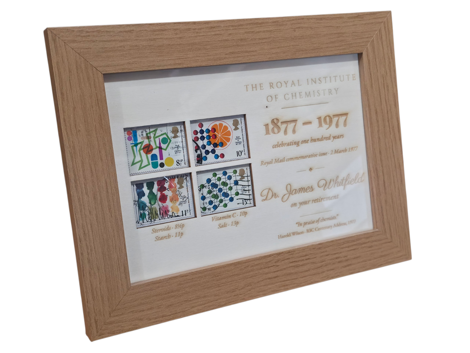 Personalised Chemist Gift 1977 Royal Institute of Chemistry Framed Stamps Wood