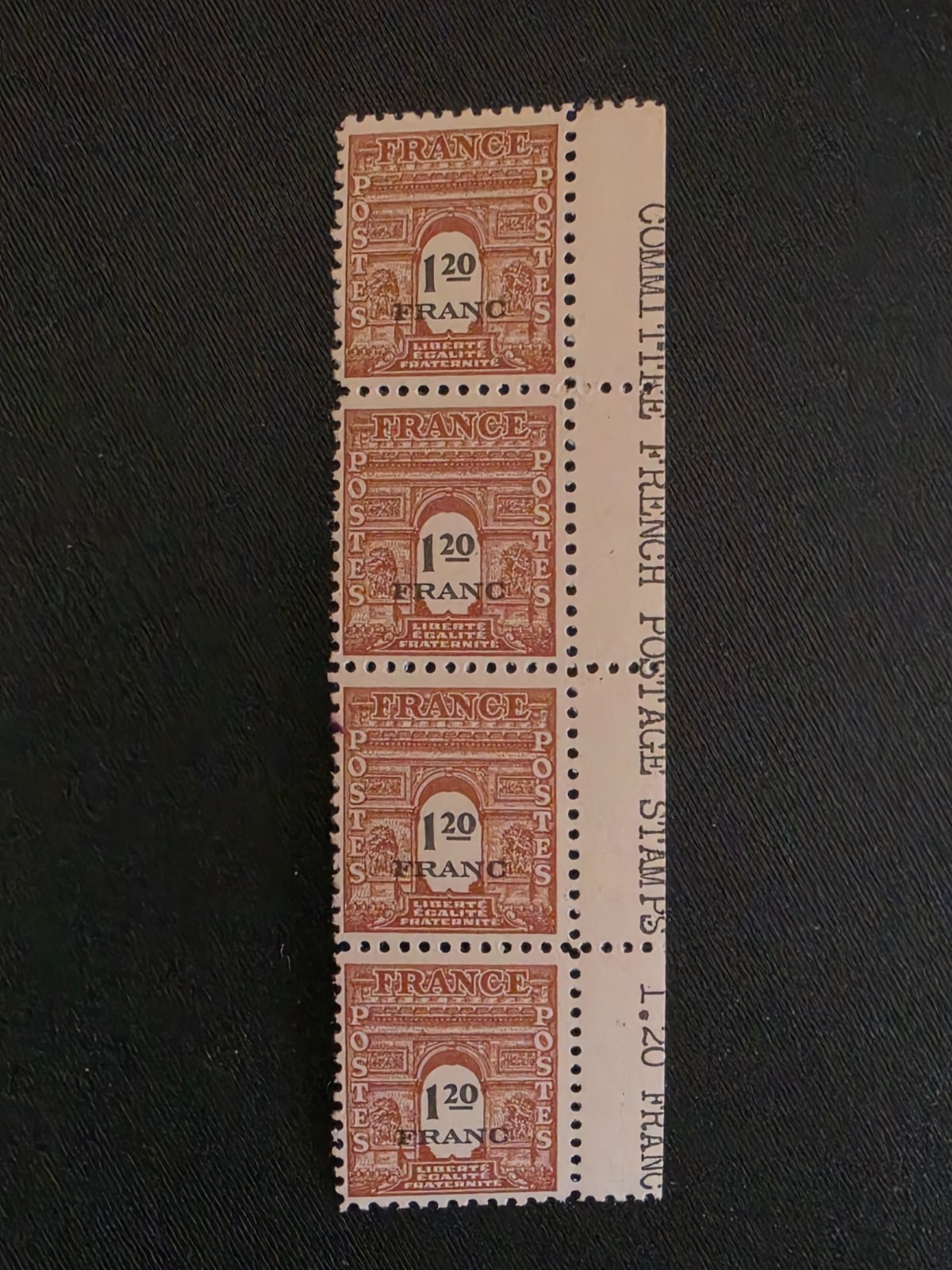 France 1944 Arc de Triomphe AMG Liberation 1.20F MNH Strip 4 English Selvedge