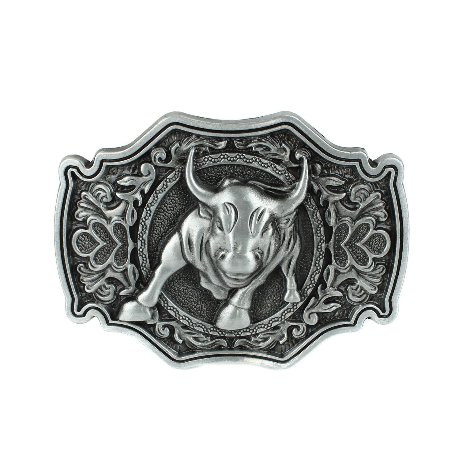 Mean Bull Belt Buckle Western Rodeo Floral Accents Antique Silver Fits 1.5" Belt
