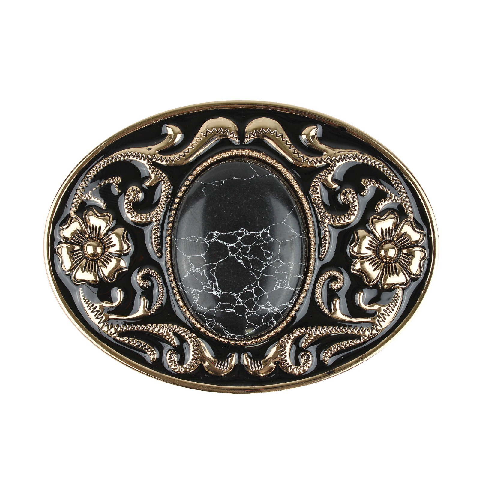 Western Belt Buckle Black Faux Oval Marble Stone Gold Floral Accents Enamel
